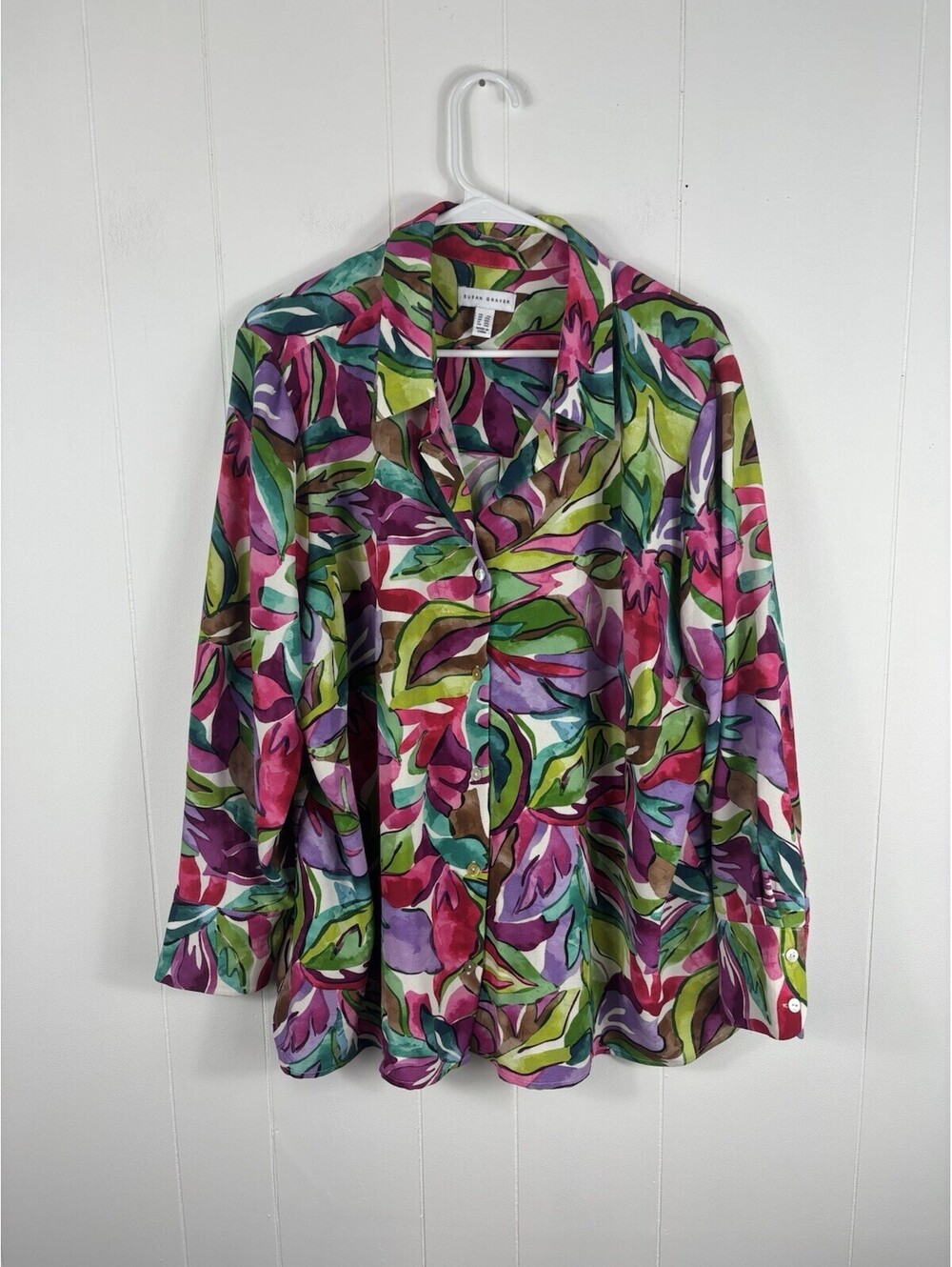 Susan Graver Artsy Colorful Feminine Button Down Blouse 2X Teacher Boho